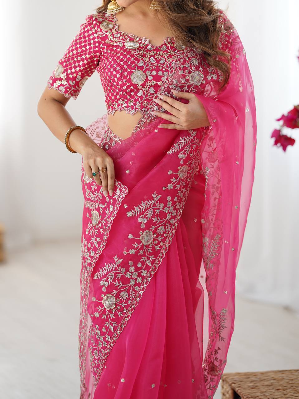 Luxury Organza Silk Saree with Sequin and Thread Work Design