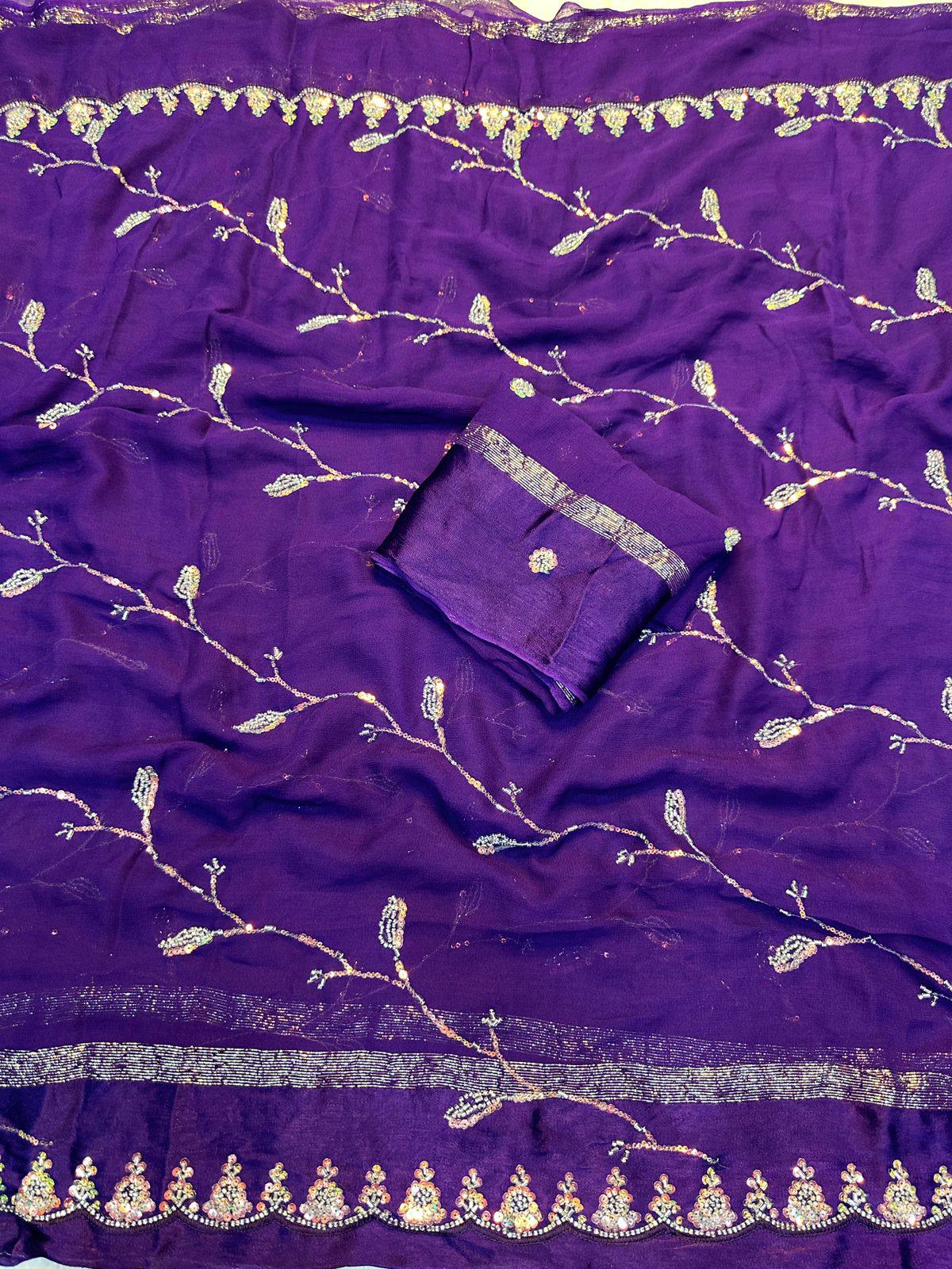 Viscose Georgette Saree with Satin Patti Sequence Work & Handwork Running Blouse