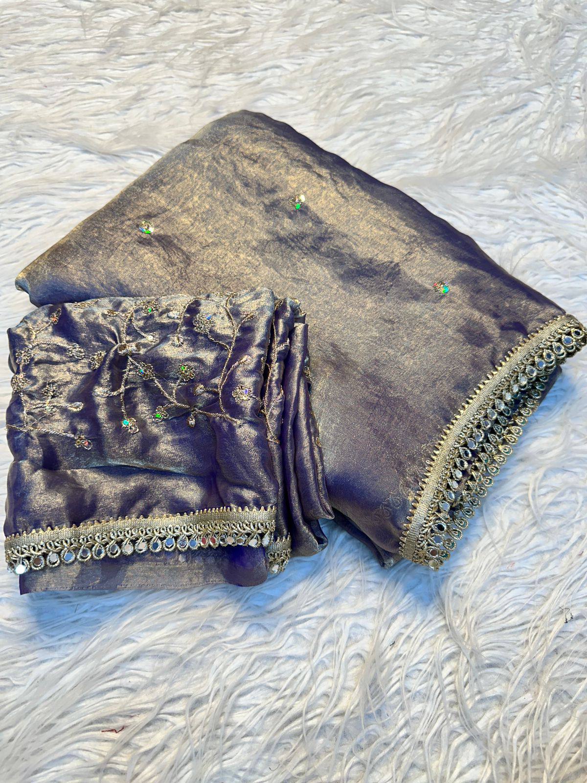Fendy Satin Dual Shade Sequence Work Saree with Designer Lace Border & Running Blouse