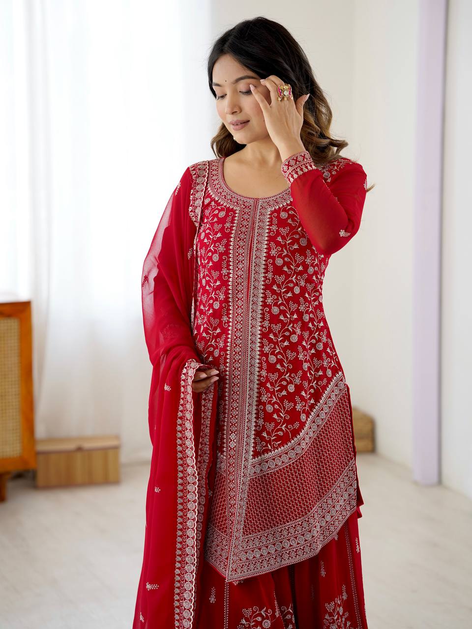 Designer Faux Georgette Embroidered Palazzo Suit Set with Sequins Work Dupatta | Ready to Wear Wedding & Festive Ethnic Wear for Women