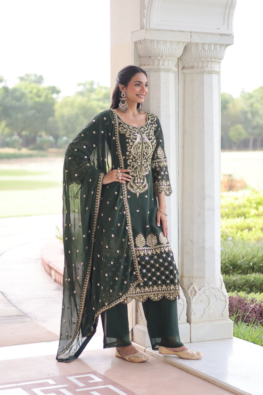 Embroidered Faux Blooming Kurti Set with Pant and Sequined Dupatta