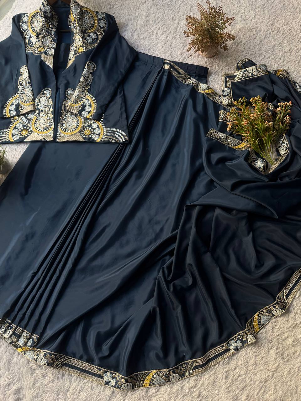 Ready-to-Wear Lehenga Saree Set with Embroidered Koti Jacket and Blouse