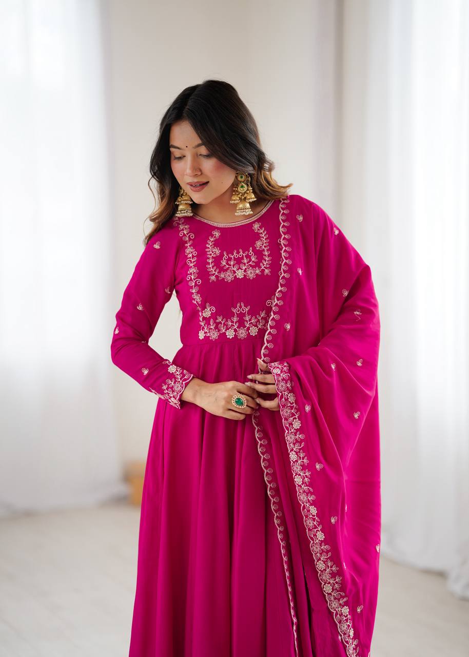 Premium Roman Chanderi Silk Anarkali Gown Set with Handcrafted Beads & Embroidery Work