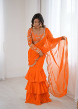 Embroidered Faux Georgette Ruffle Saree with Sequin Work Blouse