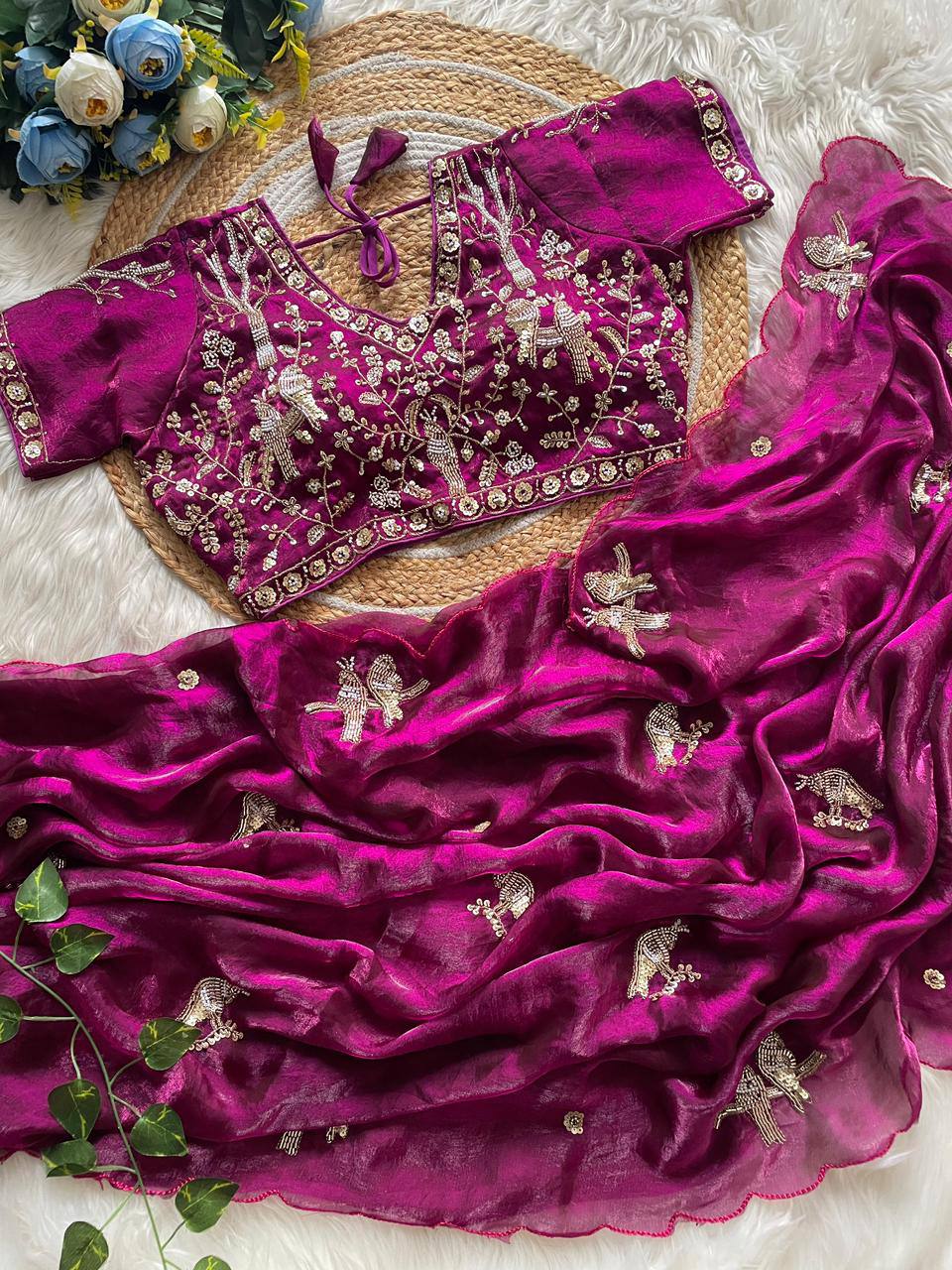 Handcrafted Khatli Work Satin Saree with Designer Stitched Blouse and Scalloped Border