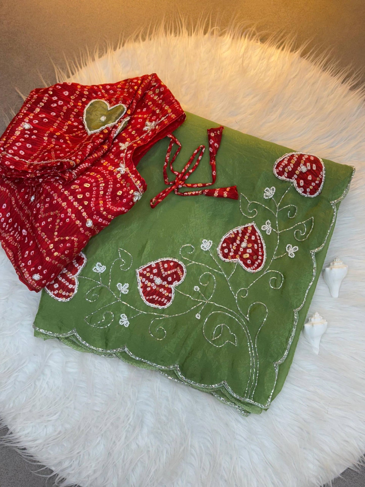 Two-Tone Gold Crush Silk Saree with Bandhej Handwork Cutdana Butta and Foil Print Stitched Blouse