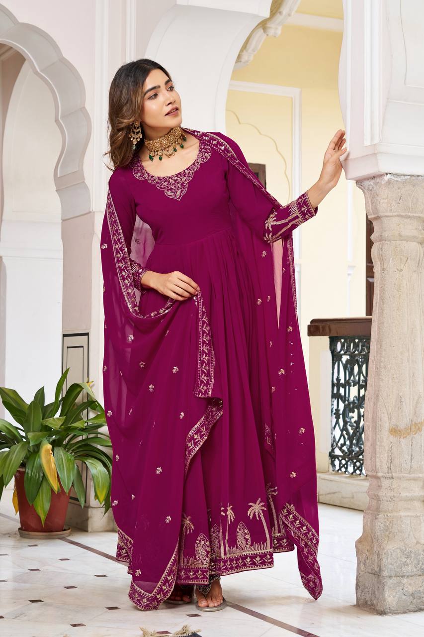 Faux Georgette Embroidered Gown Set with Sequence Work & Matching Pant