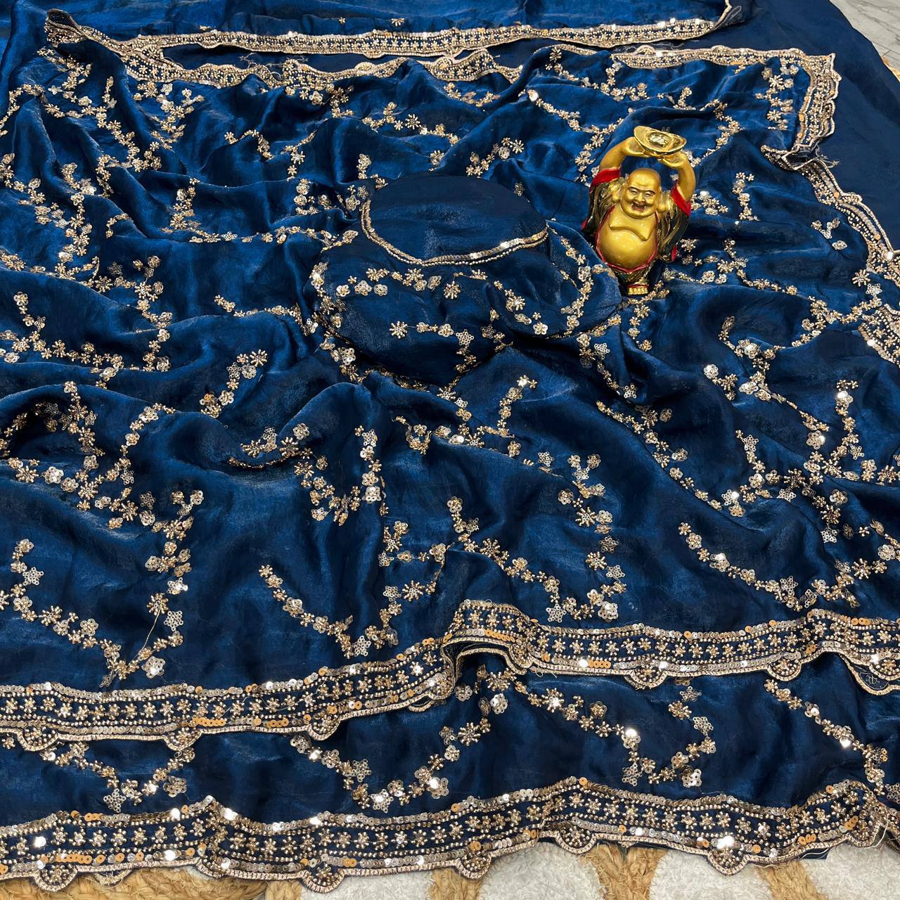 Designer Space Silk Party Wear Saree with Velvet Shine & Gold Cutdana Handwork