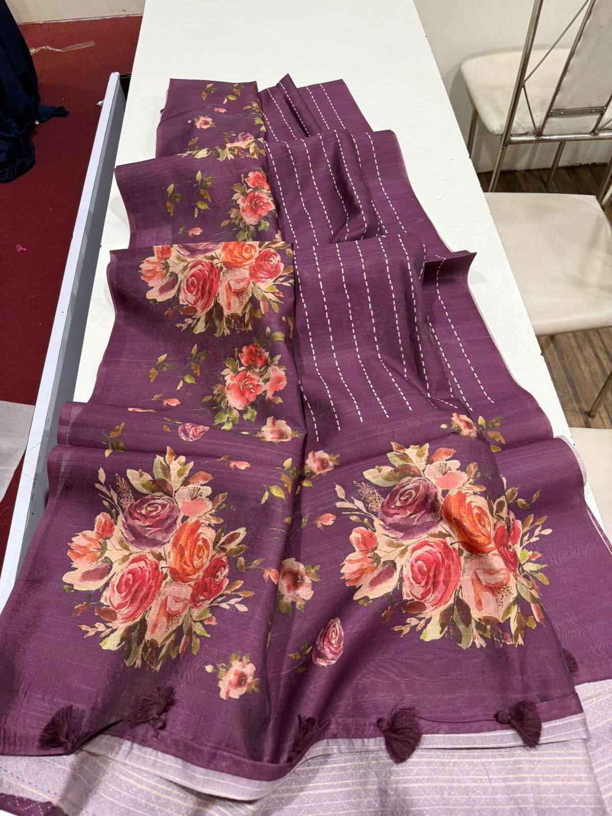 Digital Floral Print Semi Desi Tussar Silk Saree with Tassel Detail and Matching Blouse