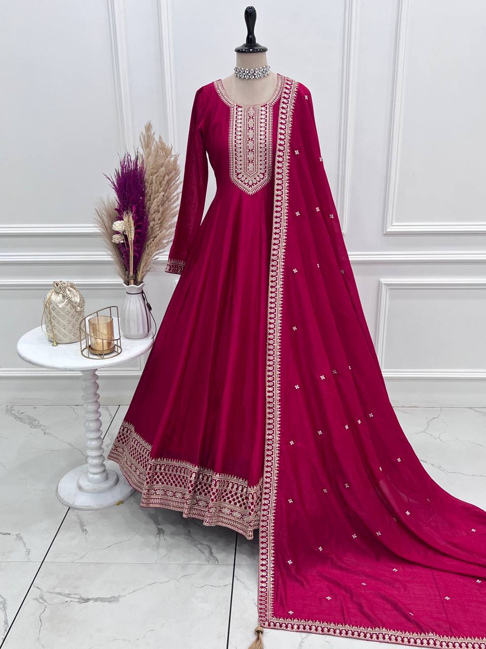 Pure Vichitra Silk Full Flare Anarkali Gown with Sequins Embroidery work, Churidar Sleeves and Dupatta
