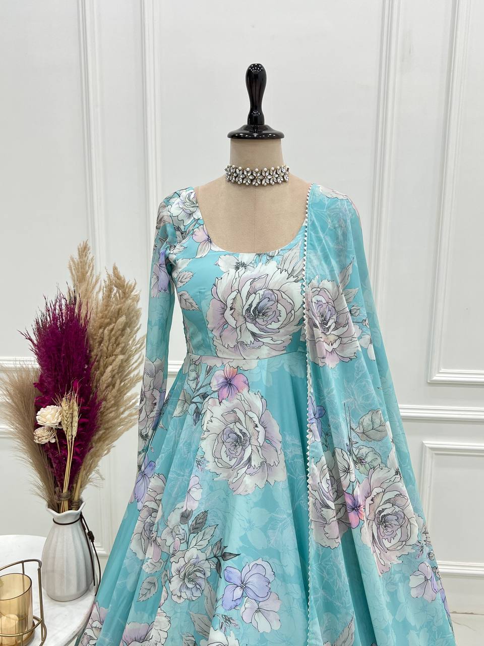 Heavy Fox Georgette Floral Anarkali Gown with Shawl Style Lace Dupatta