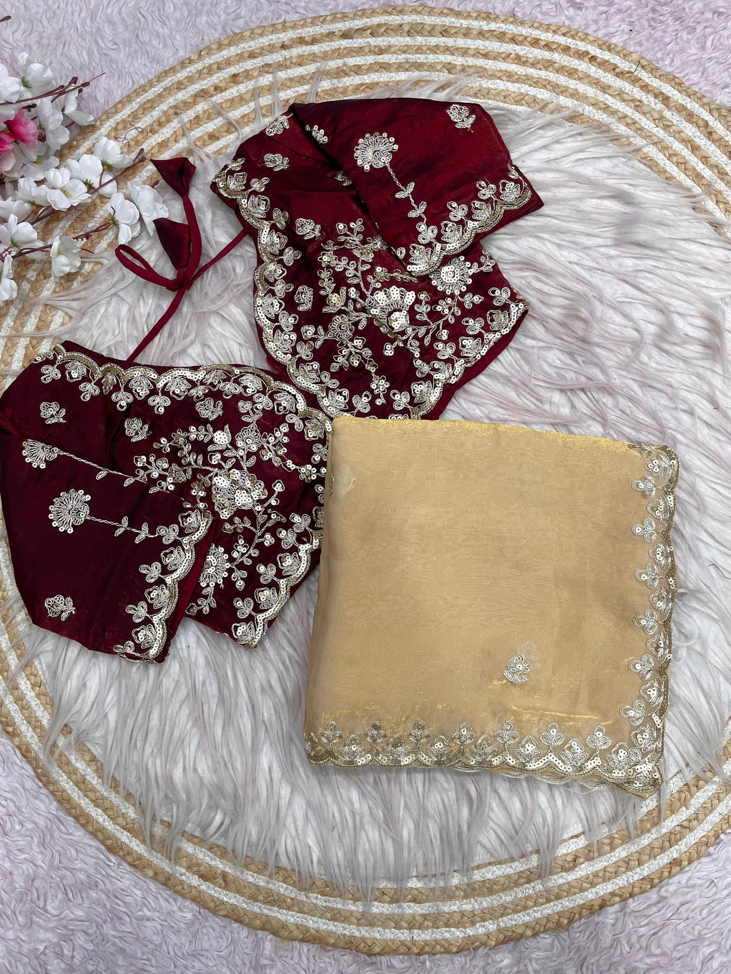 Premium Fendy Satin Silk Designer Saree with 5mm Sequins & Coding Embroidery Work | Fully Stitched Blouse