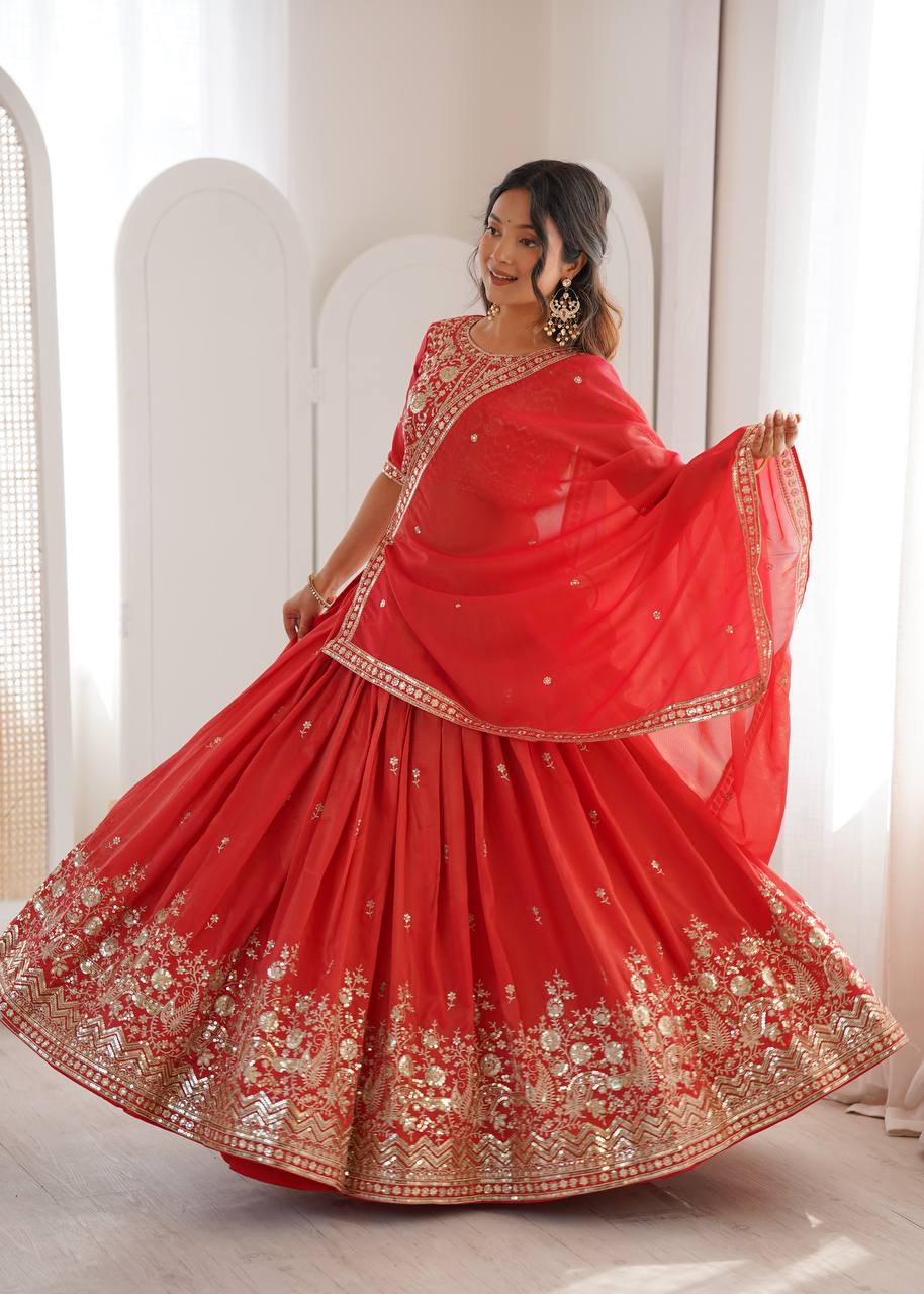 Heavy Simmer Silk Lehenga Choli Set with Thread & Sequin Work | 3 Meter Grand Flair | Fully Stitched Bridal Wear