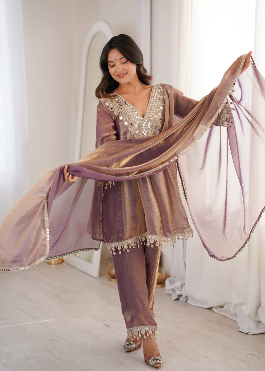 Designer Fendy Kurti Pant Dupatta Set with Real Mirror Work & Coding Embroidery | Festive Ethnic Wear Suit