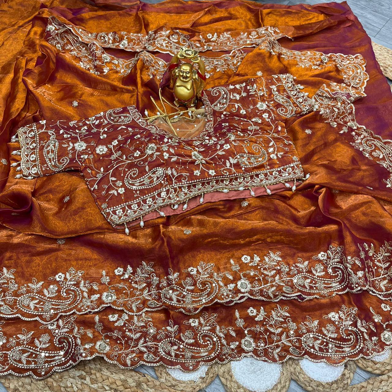 Premium Fendy Satin Designer Saree with Heavy Embroidery & 3mm Sequin Work – Luxury Ethnic Celebration Wear