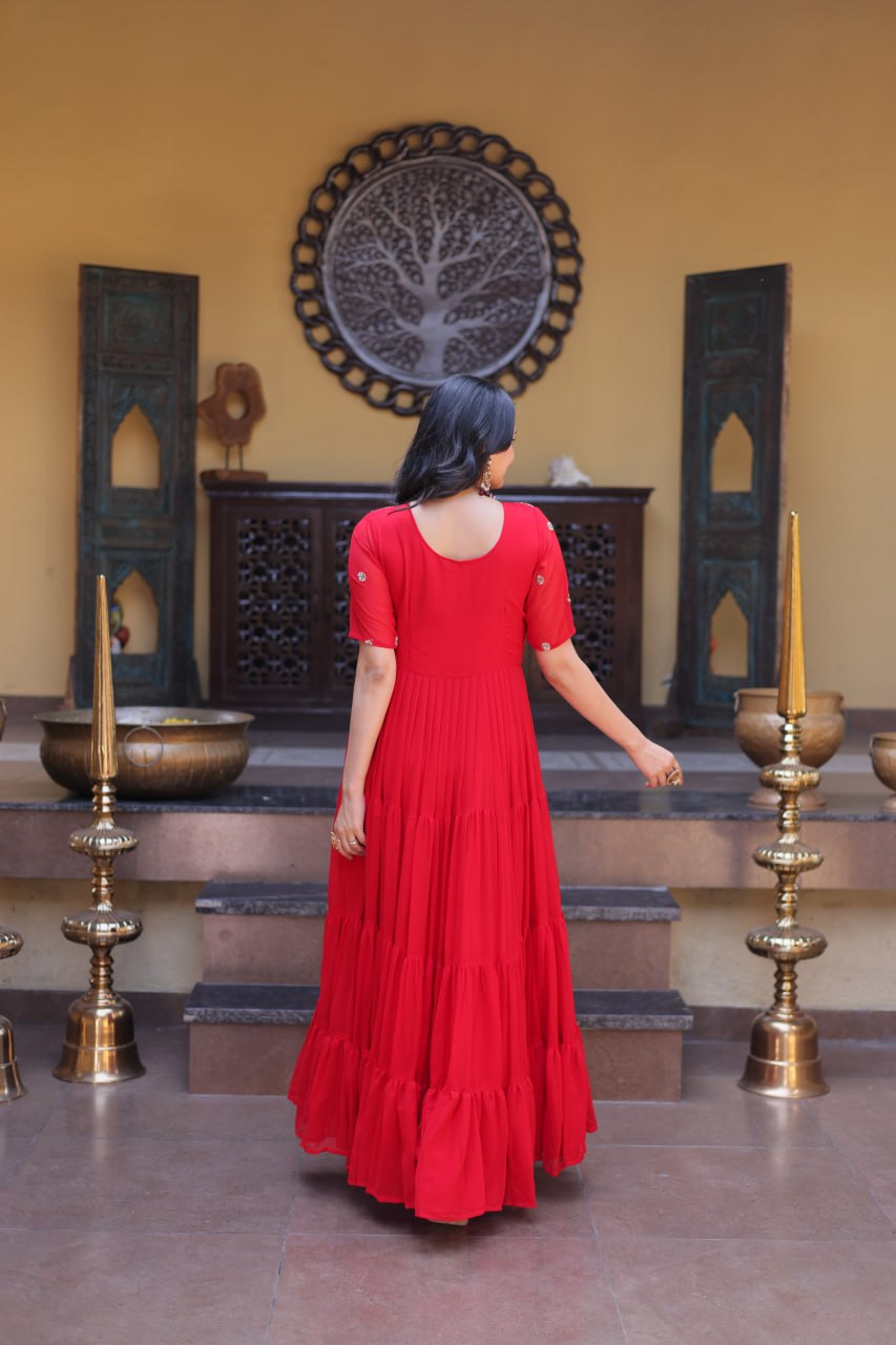 Party Wear Faux Blooming Long Gown with Heavy Embroidery Work