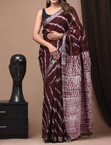Premium Linen Saree with Digital Printed Pallu and Silver Zari Weaving Border