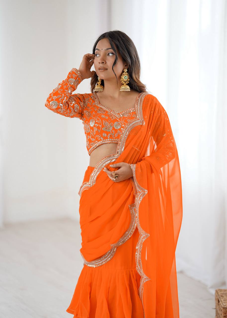 Embroidered Faux Georgette Ruffle Saree with Sequin Work Blouse