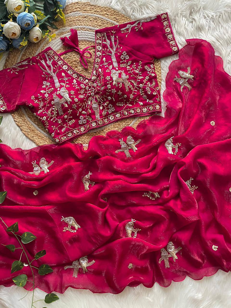 Handcrafted Khatli Work Satin Saree with Designer Stitched Blouse and Scalloped Border