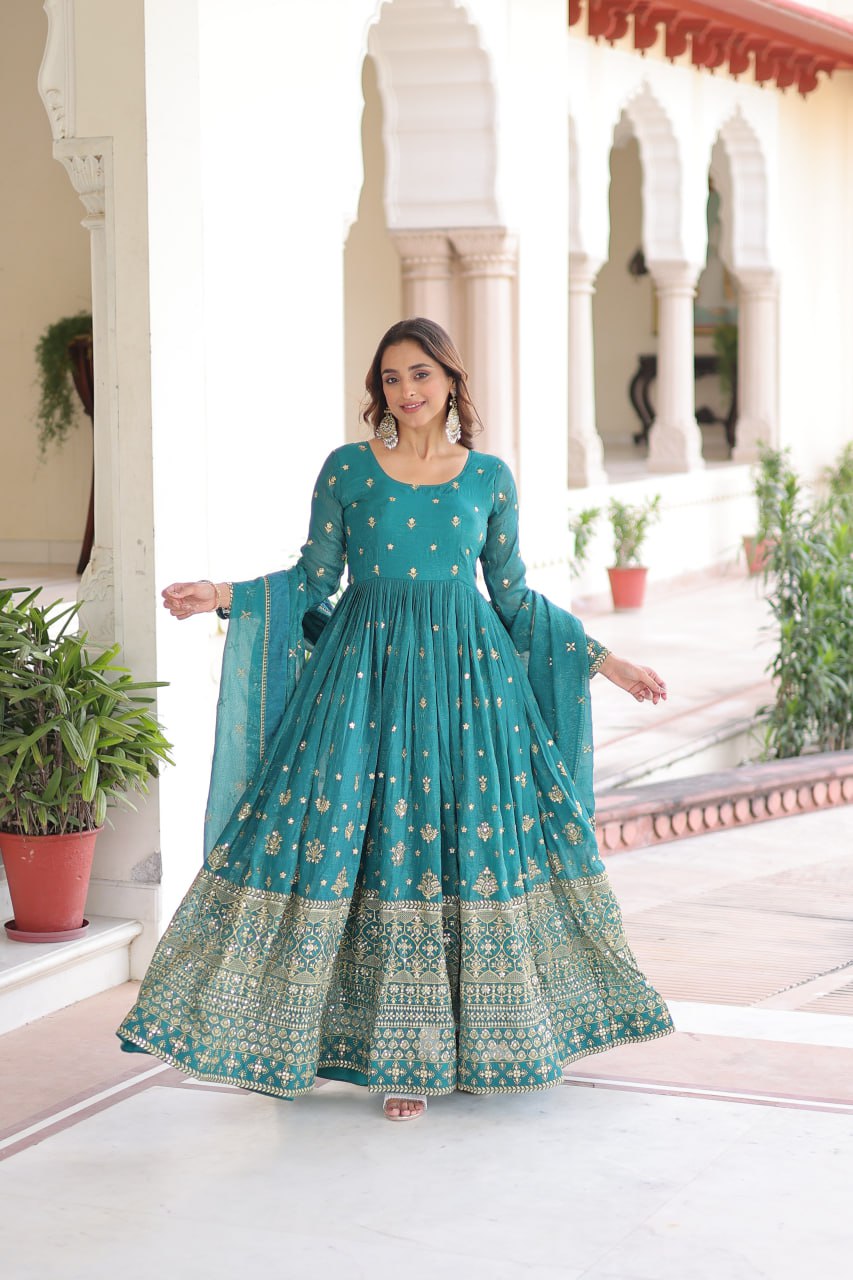 Wedding Wear Silver Crunchy Sequins Embroidered Anarkali Gown with Designer Lace Dupatta
