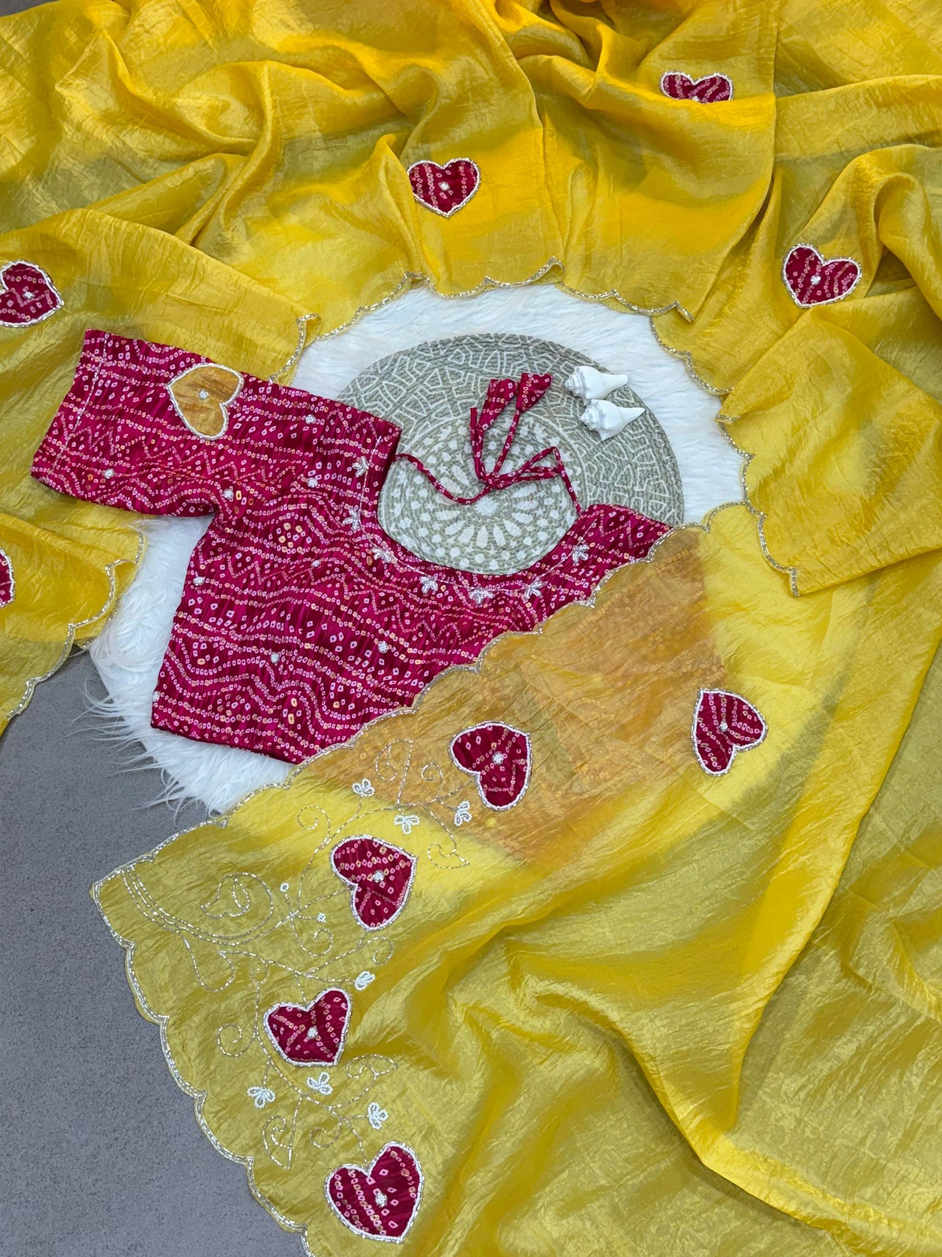 Two-Tone Gold Crush Silk Saree with Bandhej Handwork Cutdana Butta and Foil Print Stitched Blouse