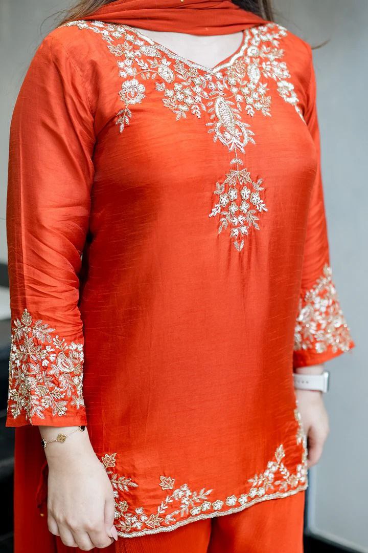 Handwork Mul Chanderi Kurta Sharara Set with Chiffon Dupatta