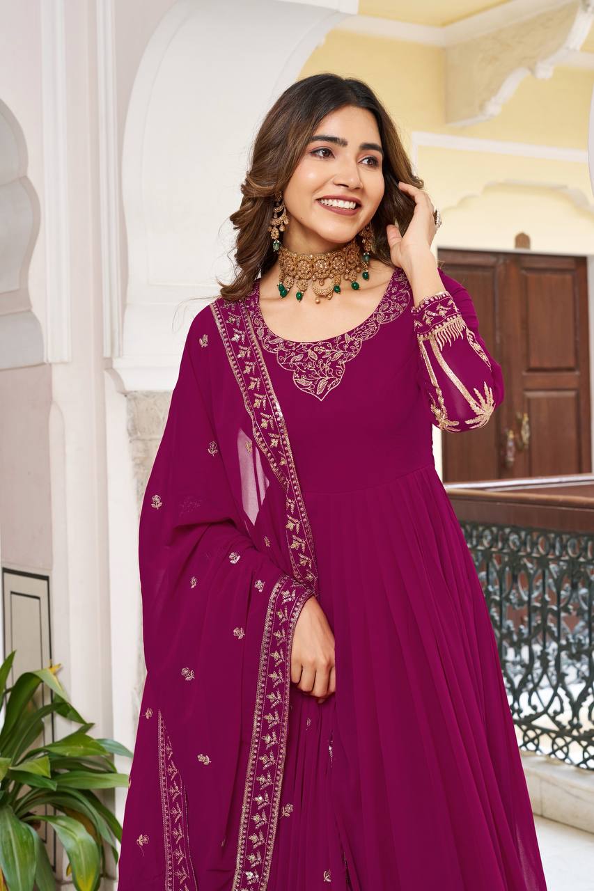 Faux Georgette Embroidered Gown Set with Sequence Work & Matching Pant