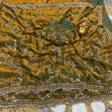 Designer Space Silk Party Wear Saree with Velvet Shine & Gold Cutdana Handwork