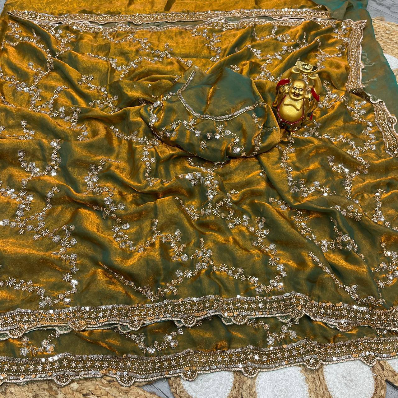 Designer Space Silk Party Wear Saree with Velvet Shine & Gold Cutdana Handwork