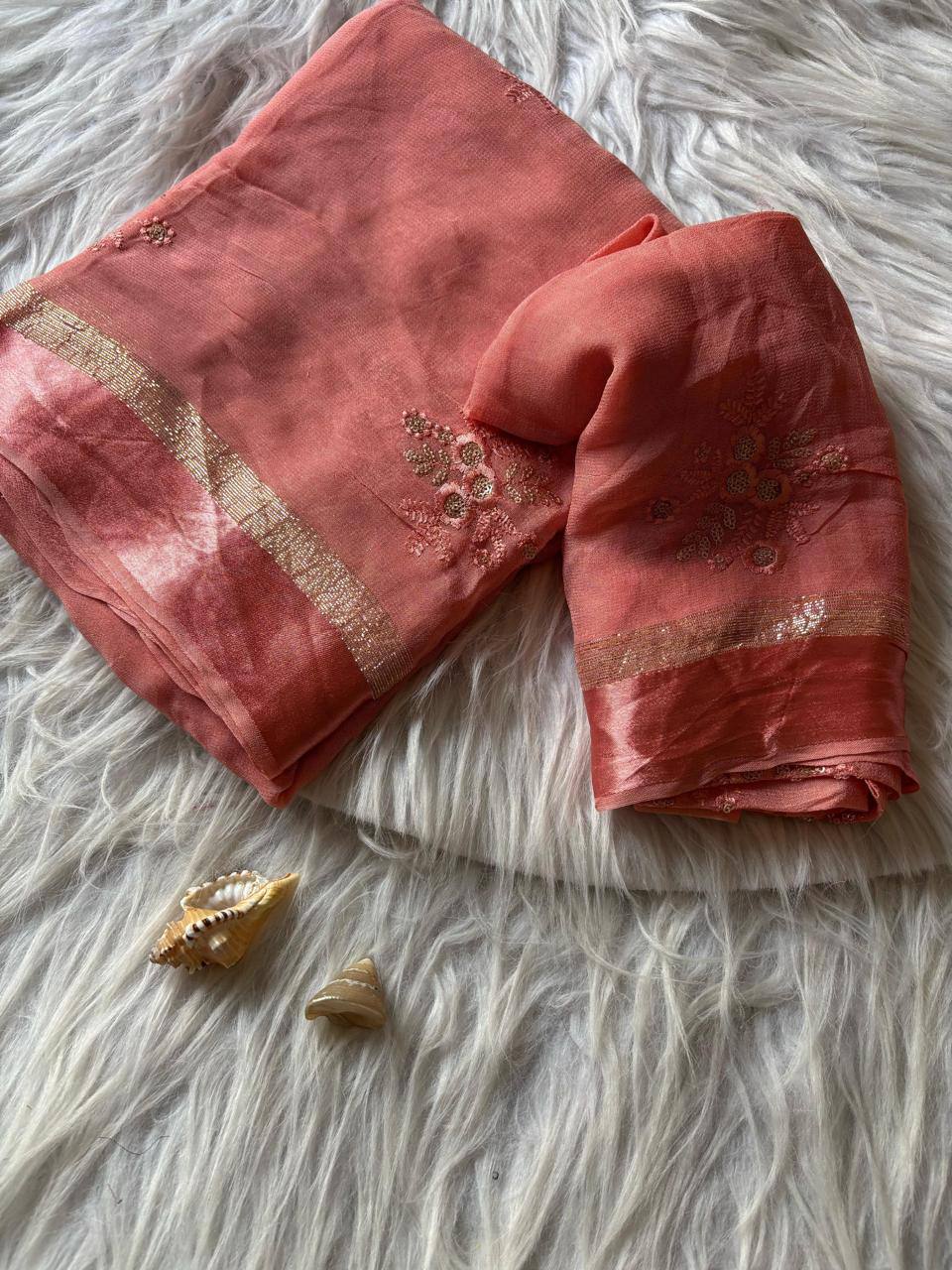 Pure Viscose Georgette Saree with Floral Embroidery Butta & Satin Border