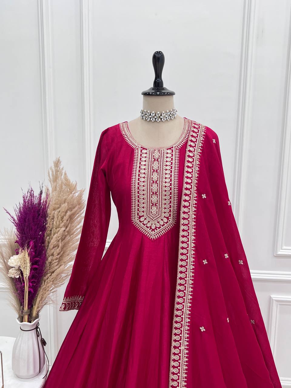 Pure Vichitra Silk Full Flare Anarkali Gown with Sequins Embroidery work, Churidar Sleeves and Dupatta