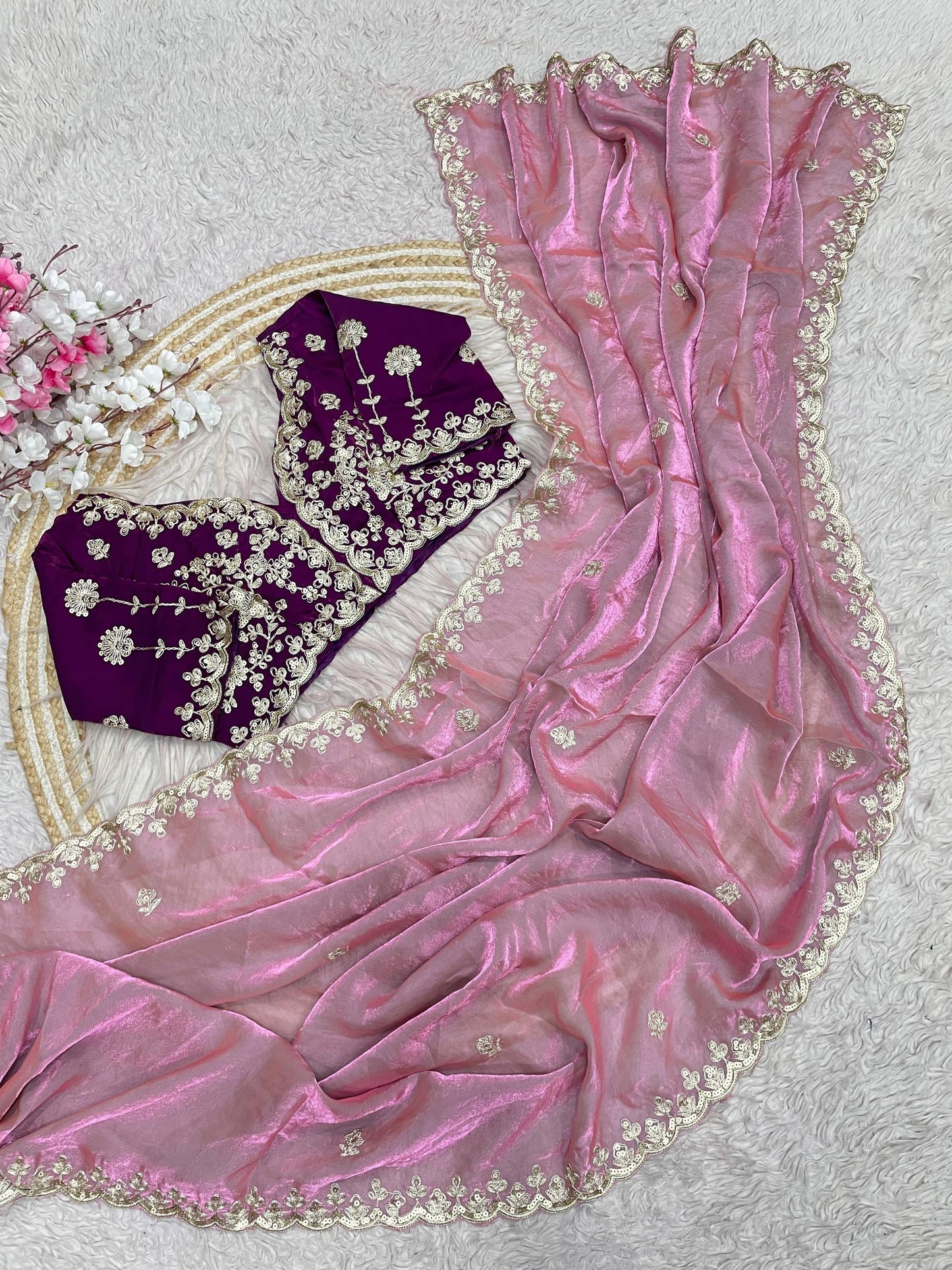 Premium Fendy Satin Silk Designer Saree with 5mm Sequins & Coding Embroidery Work | Fully Stitched Blouse