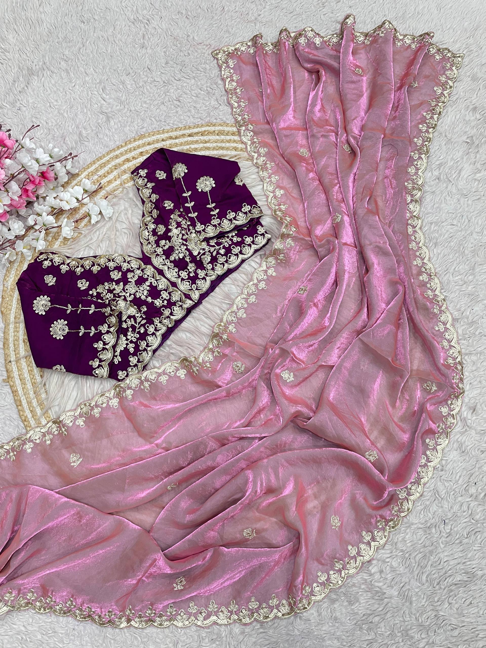 Premium Fendy Satin Silk Designer Saree with 5mm Sequins & Coding Embroidery Work | Fully Stitched Blouse