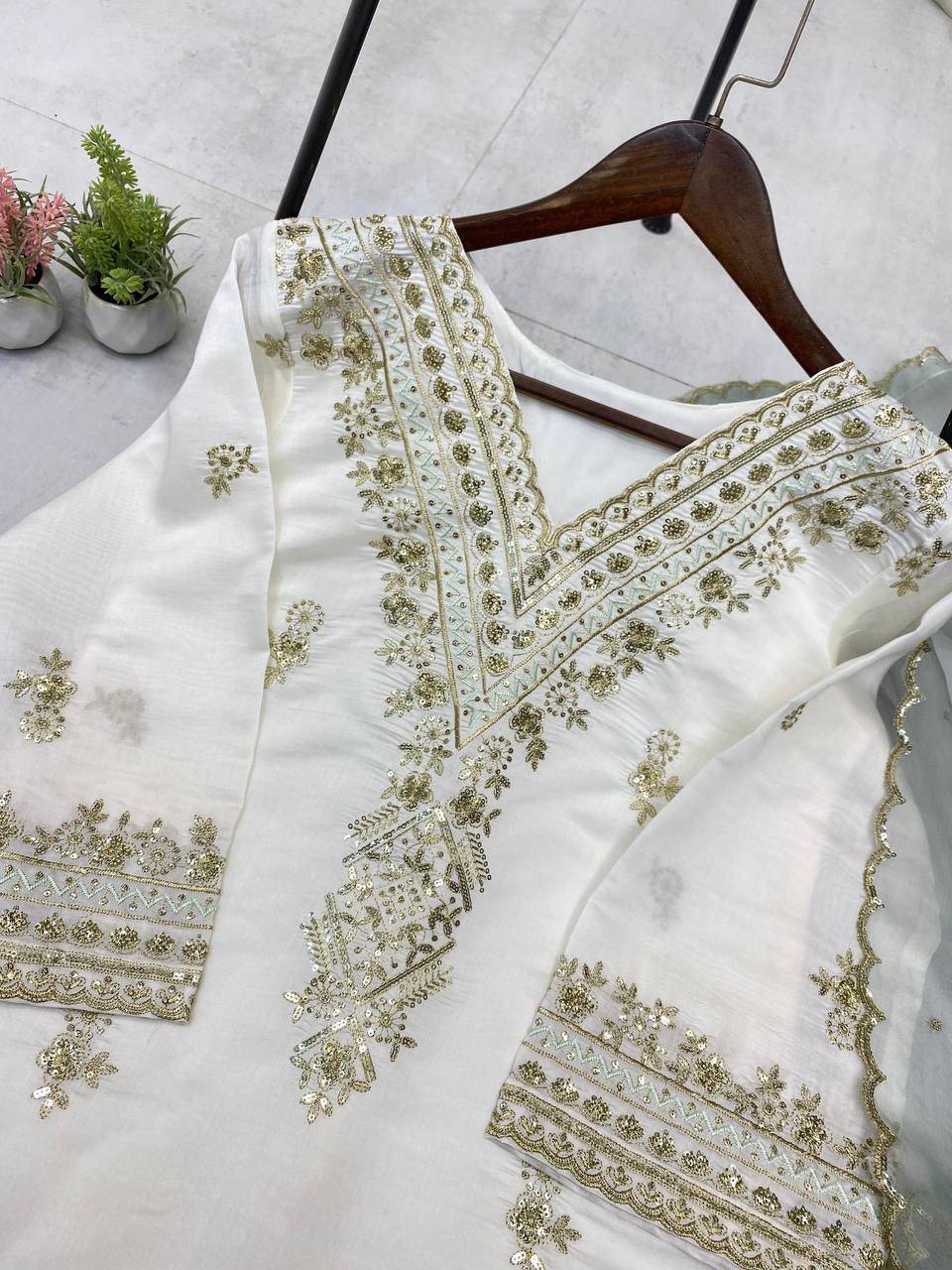 Designer Roman Silk 3 Piece Plazzo Set with Heavy Sequence Embroidery and Organza Dupatta