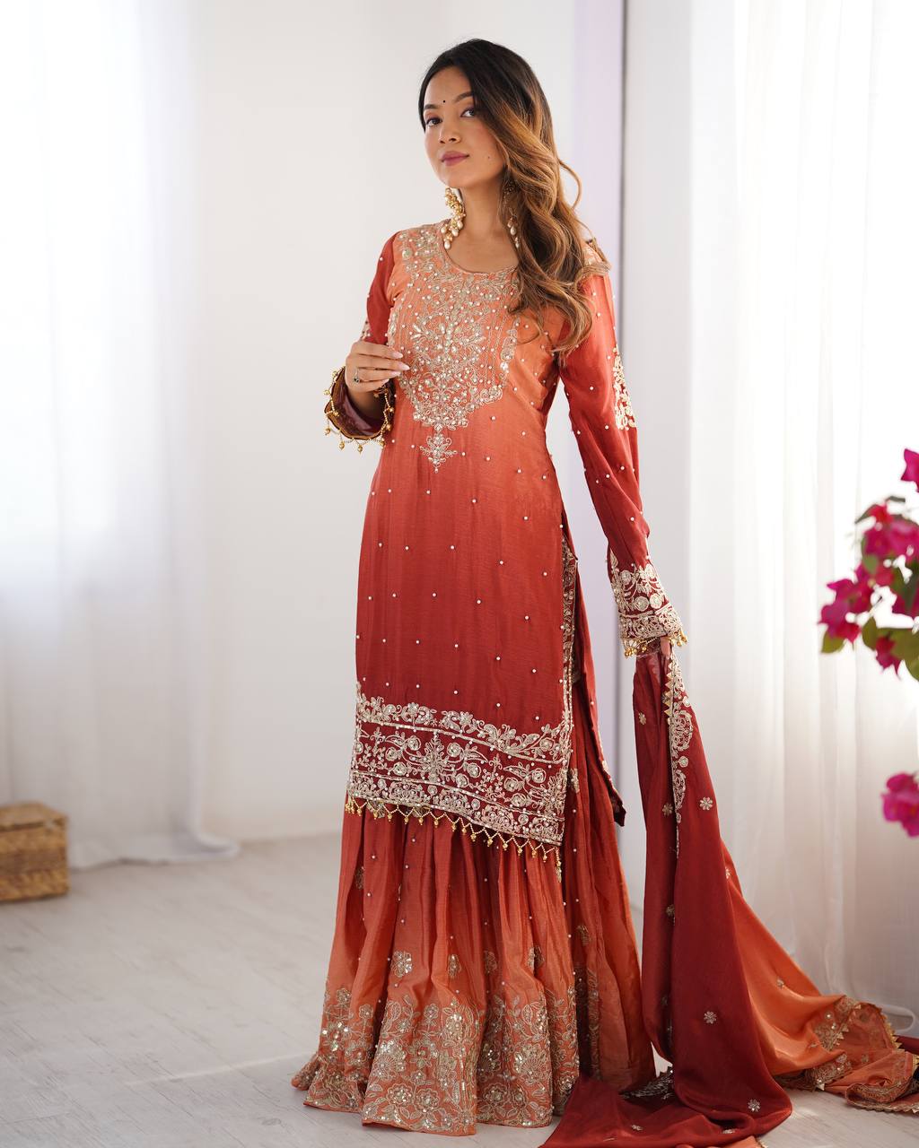Premium Chinon Silk Embroidered Kurti Plazo Set with Dupatta | Coding Dori, Sequin & Moti Work | Party & Festive Wear