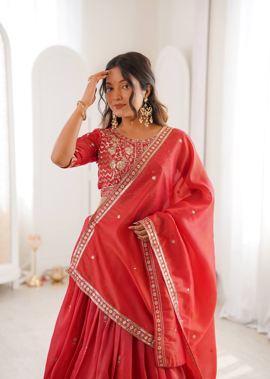 Heavy Simmer Silk Lehenga Choli Set with Thread & Sequin Work | 3 Meter Grand Flair | Fully Stitched Bridal Wear