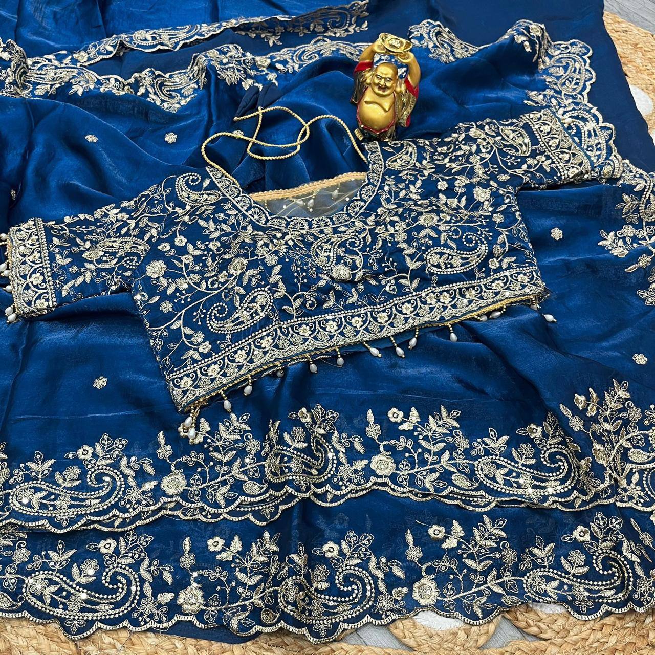Premium Fendy Satin Designer Saree with Heavy Embroidery & 3mm Sequin Work – Luxury Ethnic Celebration Wear