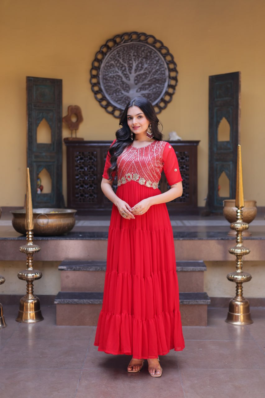 Party Wear Faux Blooming Long Gown with Heavy Embroidery Work