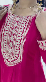 Pure Vichitra Silk Full Flare Anarkali Gown with Sequins Embroidery work, Churidar Sleeves and Dupatta
