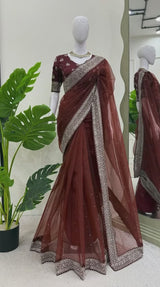 Party Wear Organza Silk Saree with Sequins Work and Designer Blouse