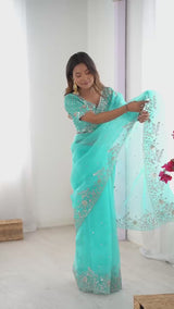 Designer Embroidered Organza Saree - Luxury Wedding Wear with Sequin Work