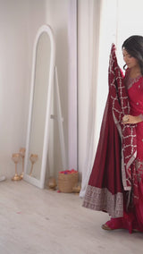 Heavy Blooming Vichitra Silk Anarkali Gown with Full Kali Pattern & Embroidered Dupatta