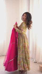Premium Pure Roman Silk Chanderi Anarkali Gown Set with 4 Meter Flare, Lace Work & Net Dupatta