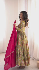 Heavy Roman Shimmer Silk Anarkali Suit Set with Dori, Zari & Sequence Work – 4 Meter Flare Gown