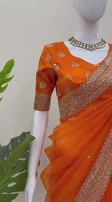 Party Wear Organza Silk Saree with Sequins Work and Designer Blouse