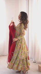 Premium Pure Roman Silk Chanderi Anarkali Gown Set with 4 Meter Flare, Lace Work & Net Dupatta