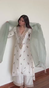 Designer Roman Silk 3 Piece Plazzo Set with Heavy Sequence Embroidery and Organza Dupatta