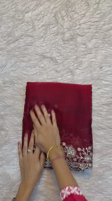 Fendy satin saree, sequence embroidery saree, 3mm sequence work, leheriya pattern saree, arco border saree, party wear satin saree, designer heavy border saree, rich look ethnic wear, wedding wear saree with running blouse