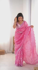 Gold Crush Silk Saree with Thread & Sequin Work | Designer Ready to Wear Party Wear Saree with Blouse