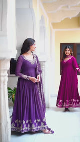 Faux Georgette Embroidered Gown Set with Sequence Work & Matching Pant